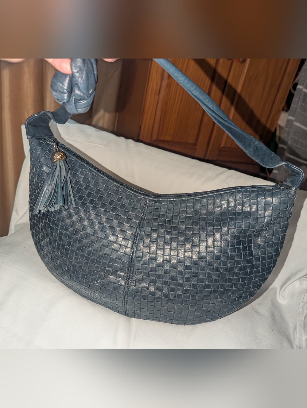 Vintage Woven Leather Hobo Bag In Navy Blue. Made In Korea